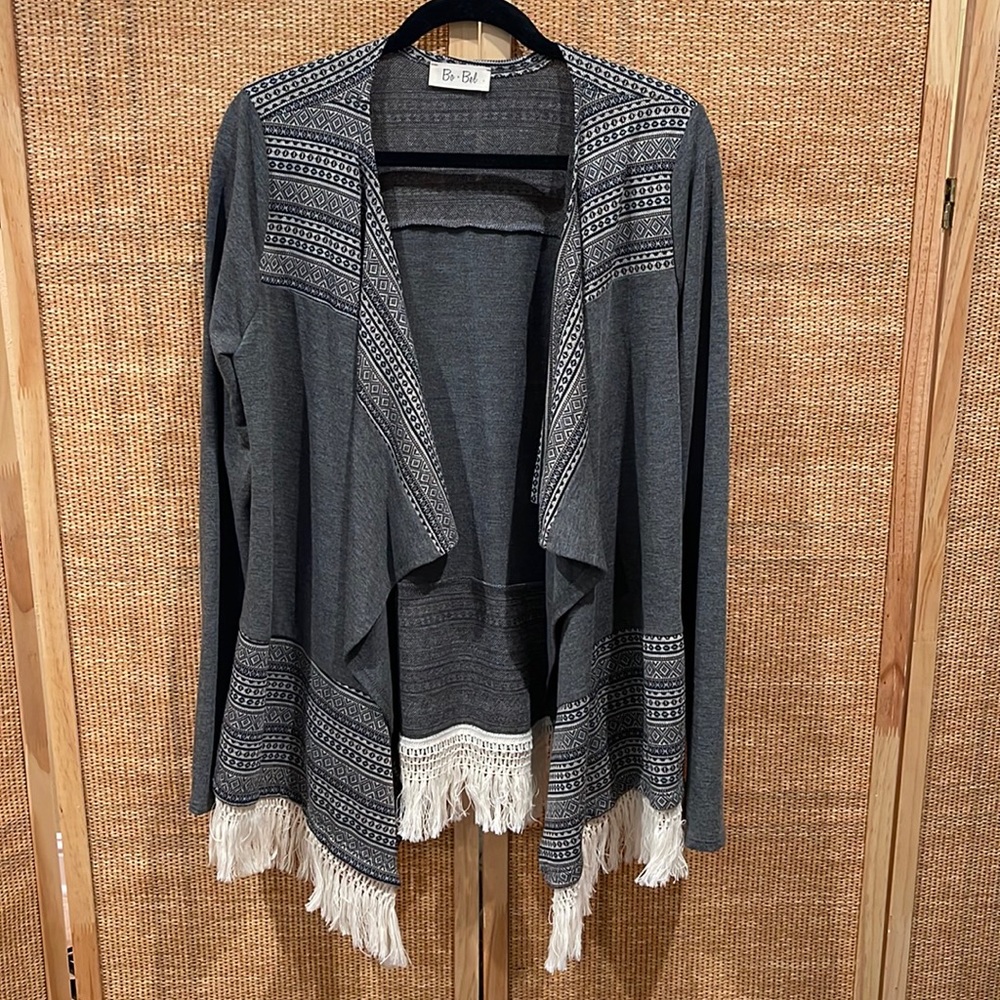 Gray cardigan with fringe trim- size medium